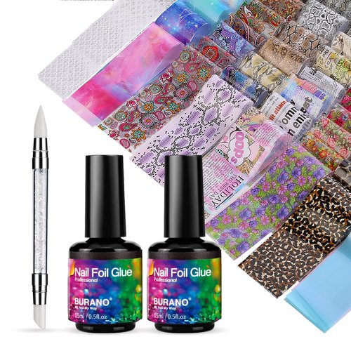 BURANO Nail Foil Glue Gel, 15ML 2 Bottles with 100PCS Foil Sticker Nails Foils Adhesive and Rubber Nail Push Pen for Designer Transfer Gel Polish