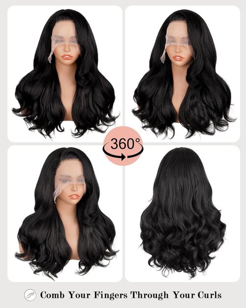 Cemuto Light Yaki Body Wave Wigs 13x6 Synthetic HD Transparent Invisible Lace Front Wig Double Texture Kinky Straight and Body Wave as Human Hair 180% Density 22inch Nature Black