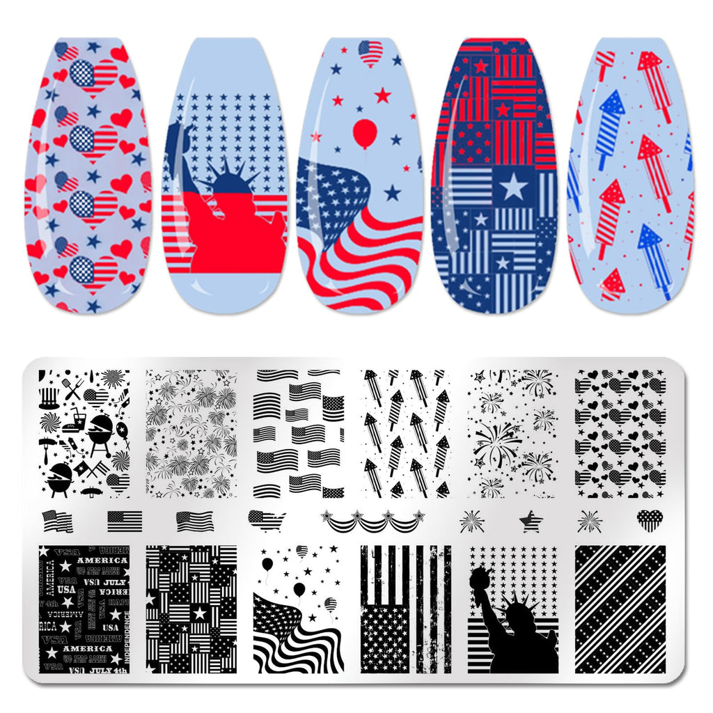 XEAOHESY 6pcs 4th of July Nail Stamping Plates for Nails Independence Day Nail Stamping Kit Patriotic American Flag Stars Statue of Liberty Image Plates Nail Stamper Plates for Women Nail Art