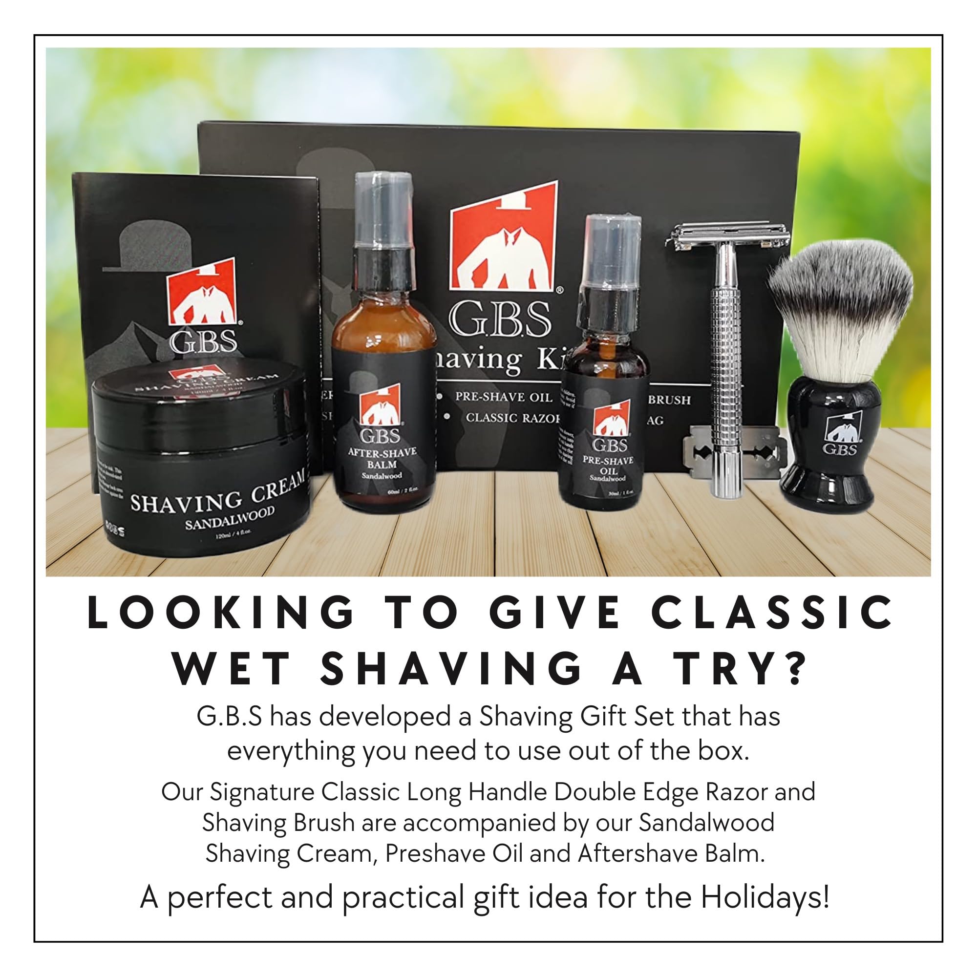 GENTS Complete Shaving Kit Gift Set for Men - Safety Razor with Sandalwood Shave Cream, Aftershave Balm, Pre-Shave Oil & Brush - Chriistmas Gift