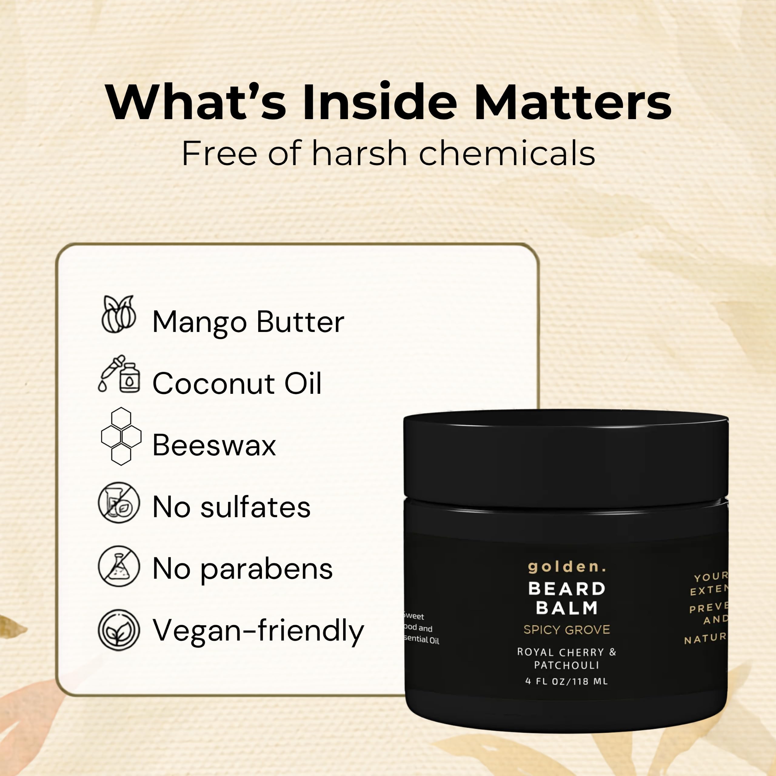 Golden Grooming Beard Balm - Tames Flyaways & Promotes Thicker Growth - Natural Styling Wax with Shea & Mango Butter - Relieves Beard Itch & Dandruff - Spicy Grove, 4oz