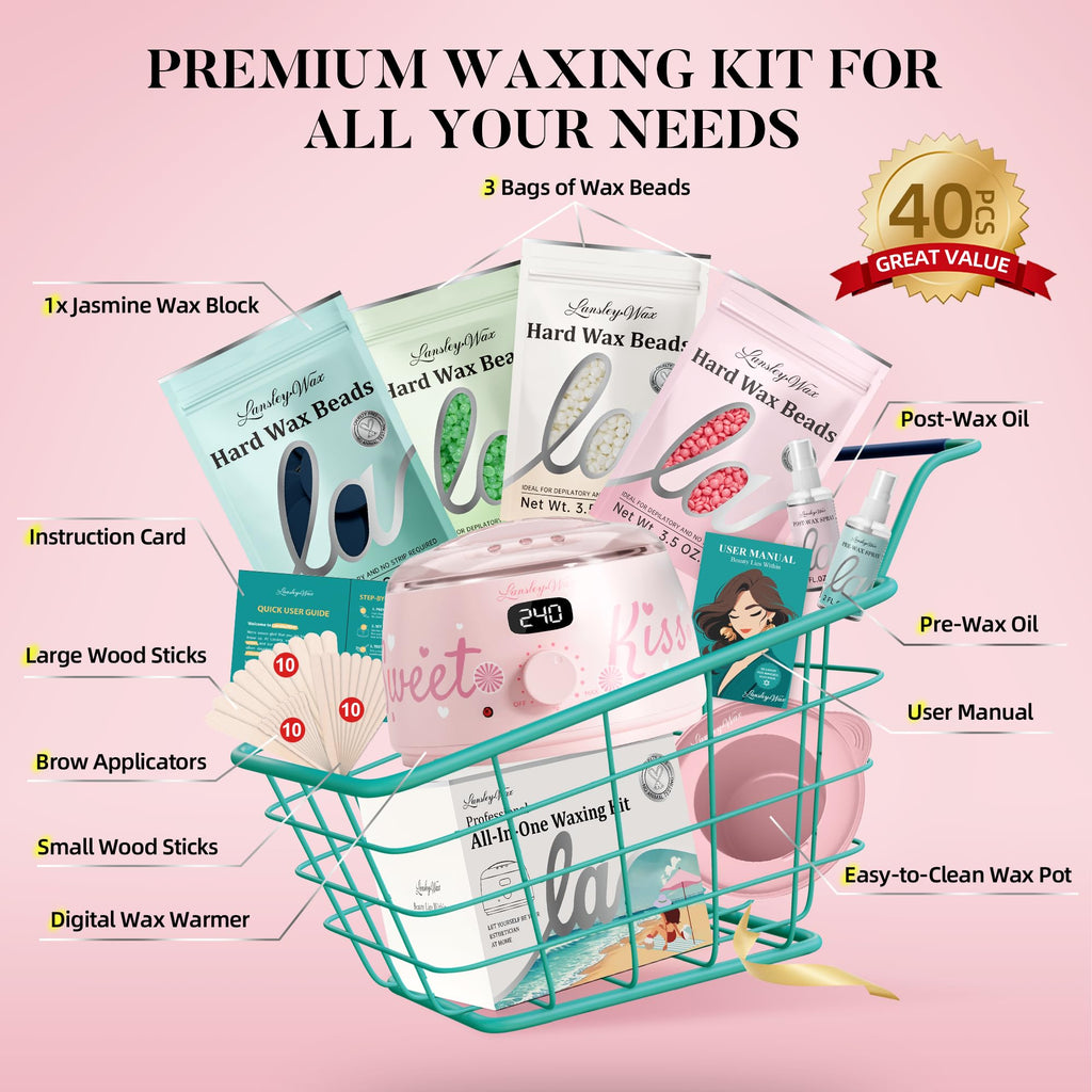 LANSLEYWAX Digital Waxing Kit for Women Men - Sweet Kiss Waxing Machine with 39 Accessories - Hard Wax Kit for Arm Leg Brazilian Bikini Face Sensitive Skin, Wax Warmer Hair Removal for Home/Salon Use