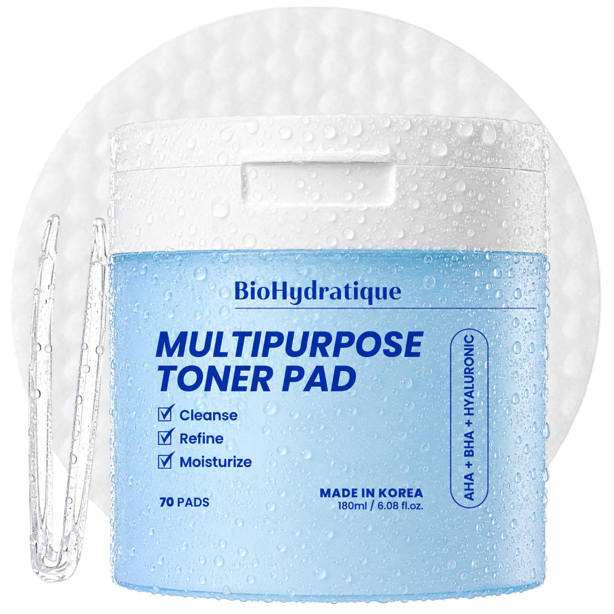Bio Hydratique AHA+BHA+Hyaluronic Acid Toner Pads – Dermatologist Tested, Anti Aging, Korean Skin Care – Clears Pores, Smooths Texture, Hydrates For Soft, Plump Skin – Vegan, Clean Beauty – 70 Pads