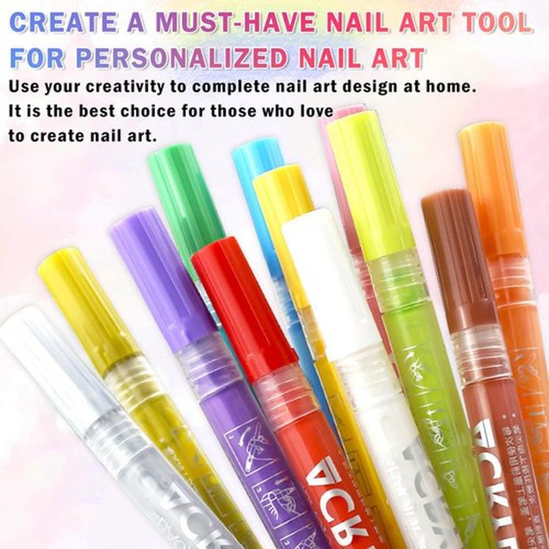 IONSGAKO 12 Colors Nail Art Pens Set Nail Polish Pens Nail Art Drawing Pen Quick Dry Waterproof Nail Art Painting Pens kit for Home DIY Nail Art Design