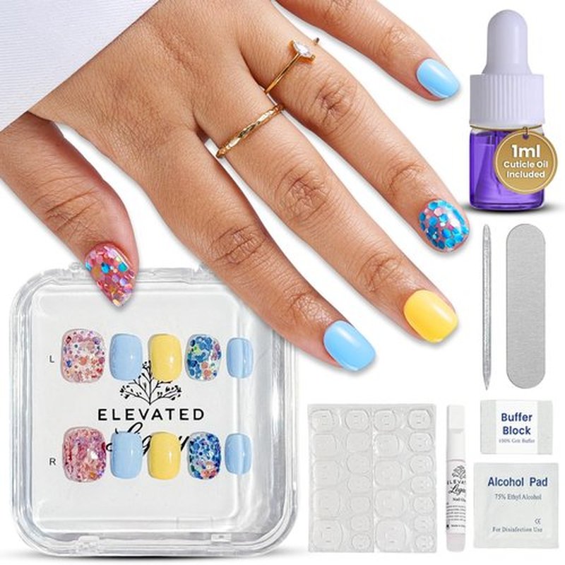 ELEVATED LÉGACY Medium-Sunshine Confetti Fake Nails Press-On Manicure Kit for Women | French Tip 10 Nails | Nail Glue, Dual Nail File, Cuticle Stick, Buffer Block | Measure Before Ordering