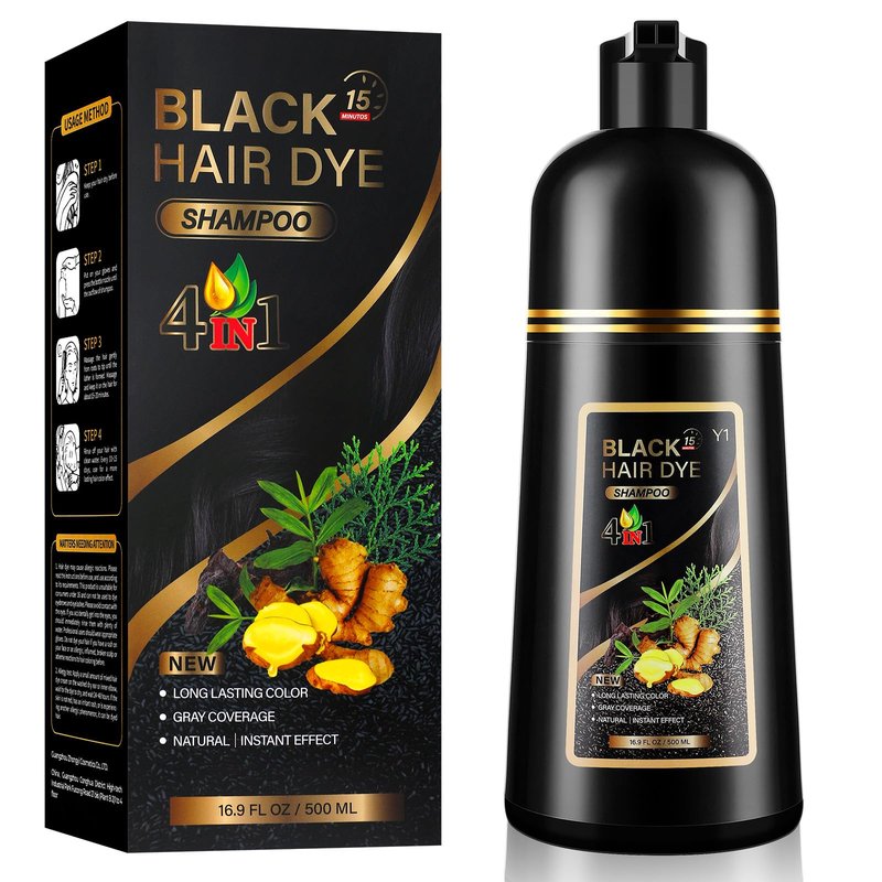YUOLITA 4 in 1 Black Hair Dye Shampoo for Gray Hair, Semi-Permanent Instant Hair Color Shampoo for Women and Men, Herbal Ingredients Hair Care, 100% Grey Coverage 500ml