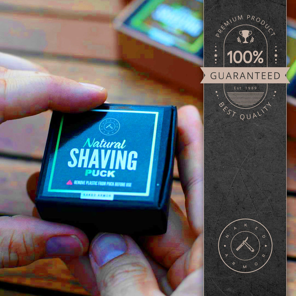 Naked Armor 3-Pack Natural Shave Soap Pucks - Wet Shaving Soap for Sensitive Skin - Organic Ingredients with Shea Butter & Eucalyptus - Premium Shaving Mug & Bowl Refill