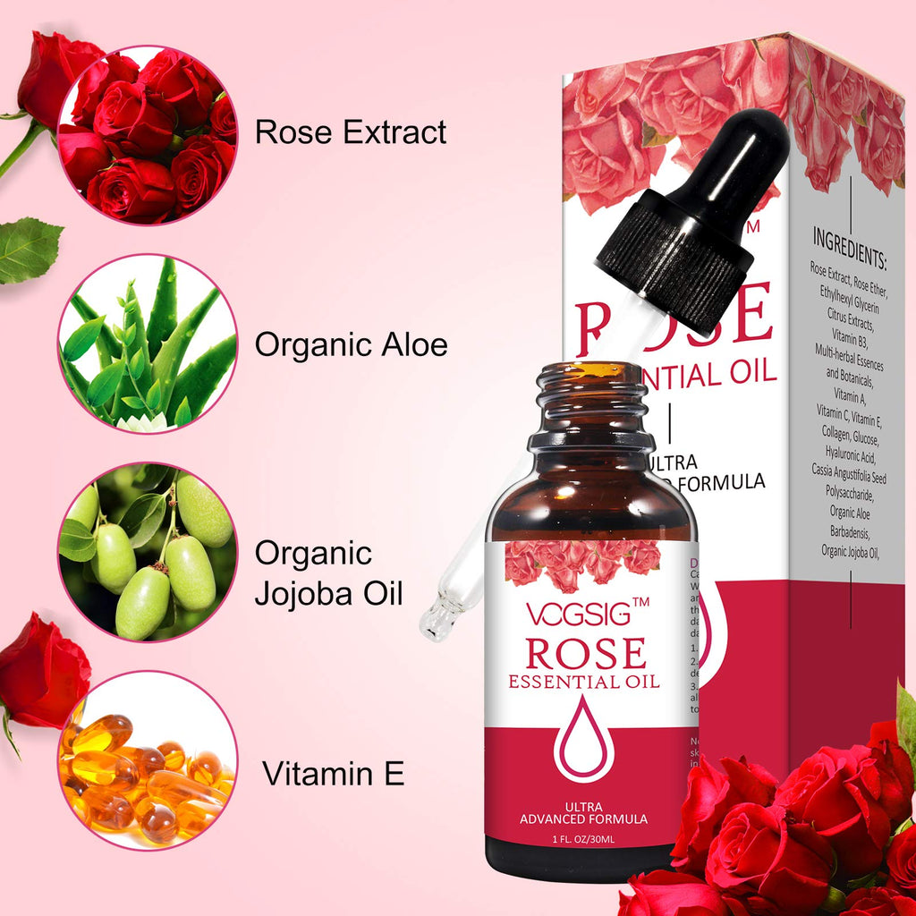 VOGSIG Rose Essential Oil 30ml - Aromatherapy, Skin Moisturizing, Anti-Aging, Reduce Pigmentation, Quickly Absorbed