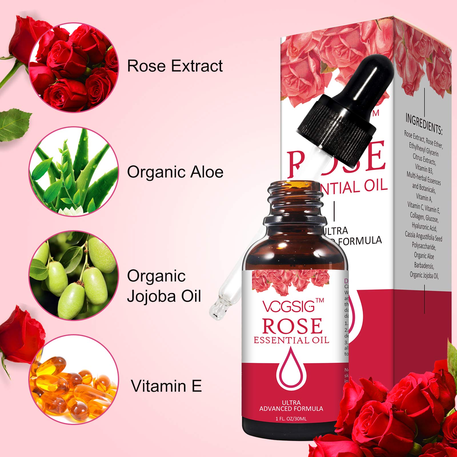 VOGSIG Rose Essential Oil 30ml - Aromatherapy, Skin Moisturizing, Anti-Aging, Reduce Pigmentation, Quickly Absorbed
