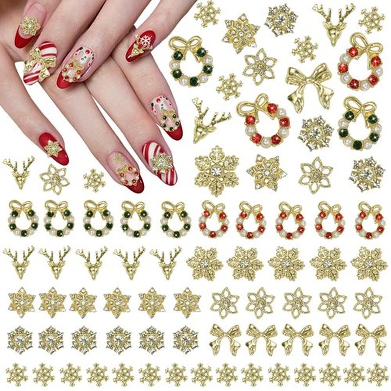 54 Pcs Gold Christmas Nail Charms, 3D Alloy Snowflake Nail Charms Rhinestones, Cute Christmas Elk Bow Nails Charm for Xmas DIY Nails Supplies