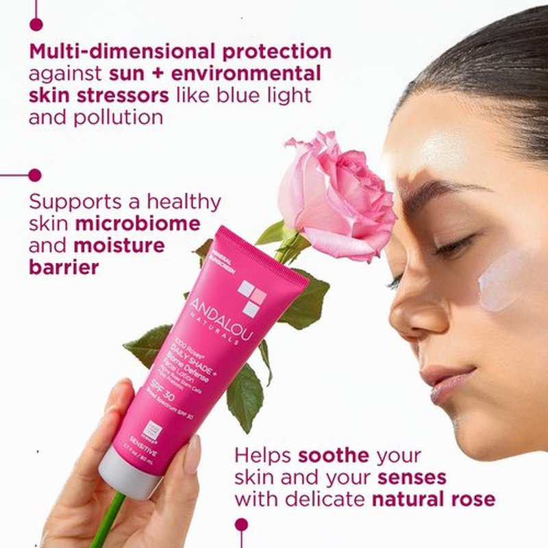 Andalou Naturals Daily Shade Face Sunscreen, 1000 Roses, SPF 30 Mineral Sunscreen with Zinc Oxide, Skin Barrier Defense + Broad Spectrum Protection, Gentle & Soothing, for Sensitive Skin - 2.7 Fl Oz