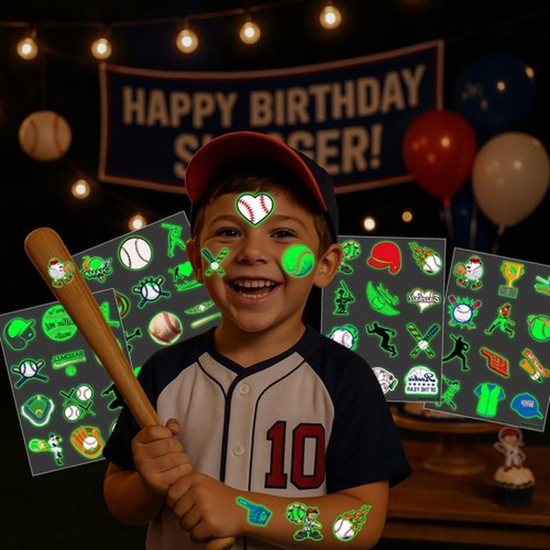 96PCS Baseball Pre-Cut Temporary Tattoos for Kids - Sports Themed Birthday Party Supplies, Fun Stickers for Boys & Girls, Party Favors, School Prizes, Summer Olympic Gifts (Glow in the dark)