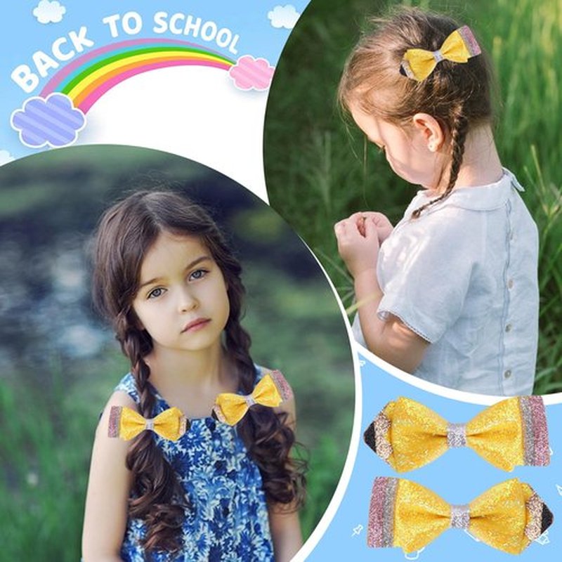 Back To School Hair Bows, Glitter Pencil Hair Clips, Non Slip Alligator Clips Sparkly First Day of School Bows Hair Accessories for Girls, Yellow