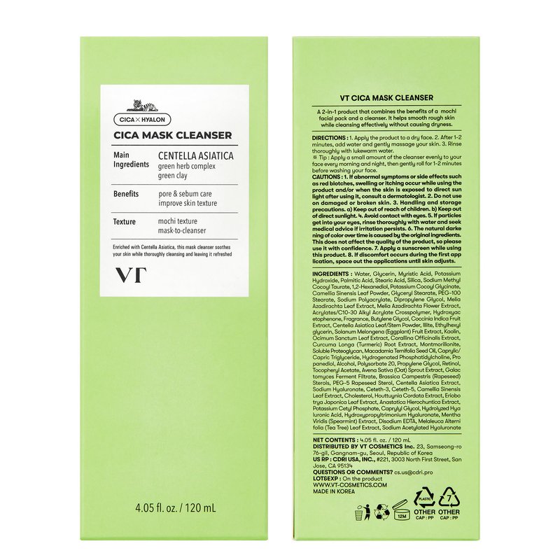 VT COSMETICS CICA Mask Cleanser, 2-in-1 Facial Wash, Non-Drying Clay Mask, Gentle Pore Care, Exfoliating, Hydrating, Centella Asiatica for Acne-Prone & Sensitive Skin, Korean Skincare (4.05 fl. oz)
