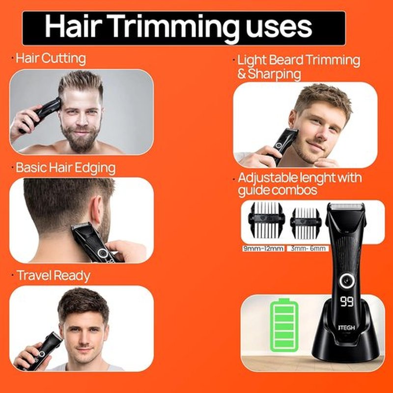 TEGH Men's Beard & Hair Grooming Trimmer - Cordless Waterproof Electric Trimmer with Adjustable Guards
