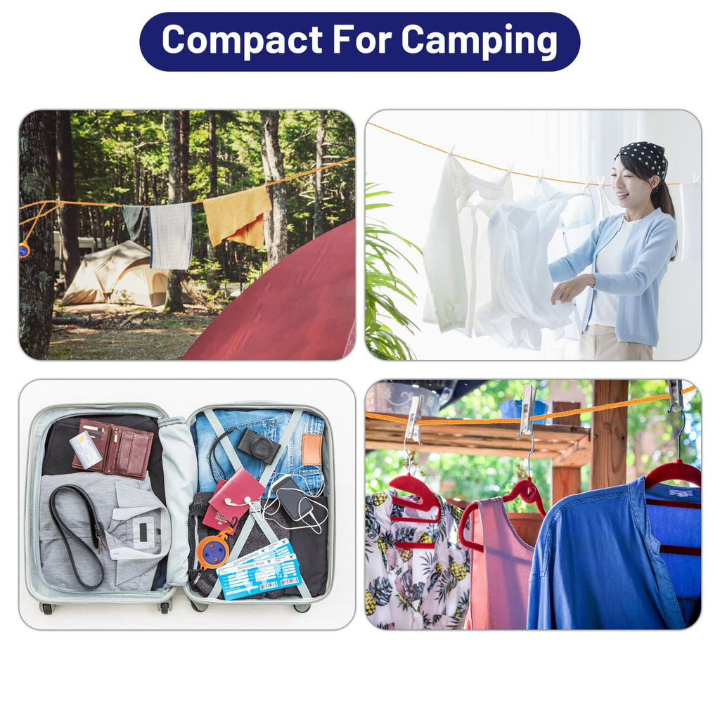 Portable Travel Clothesline Cord, Caudblor Adjustable 33ft Camping Clothes line, Laundry Drying Rope for Hotel Trip, Cruise, Outdoor/Indoor, with 12Pcs Stoppers, Windproof Clothespins