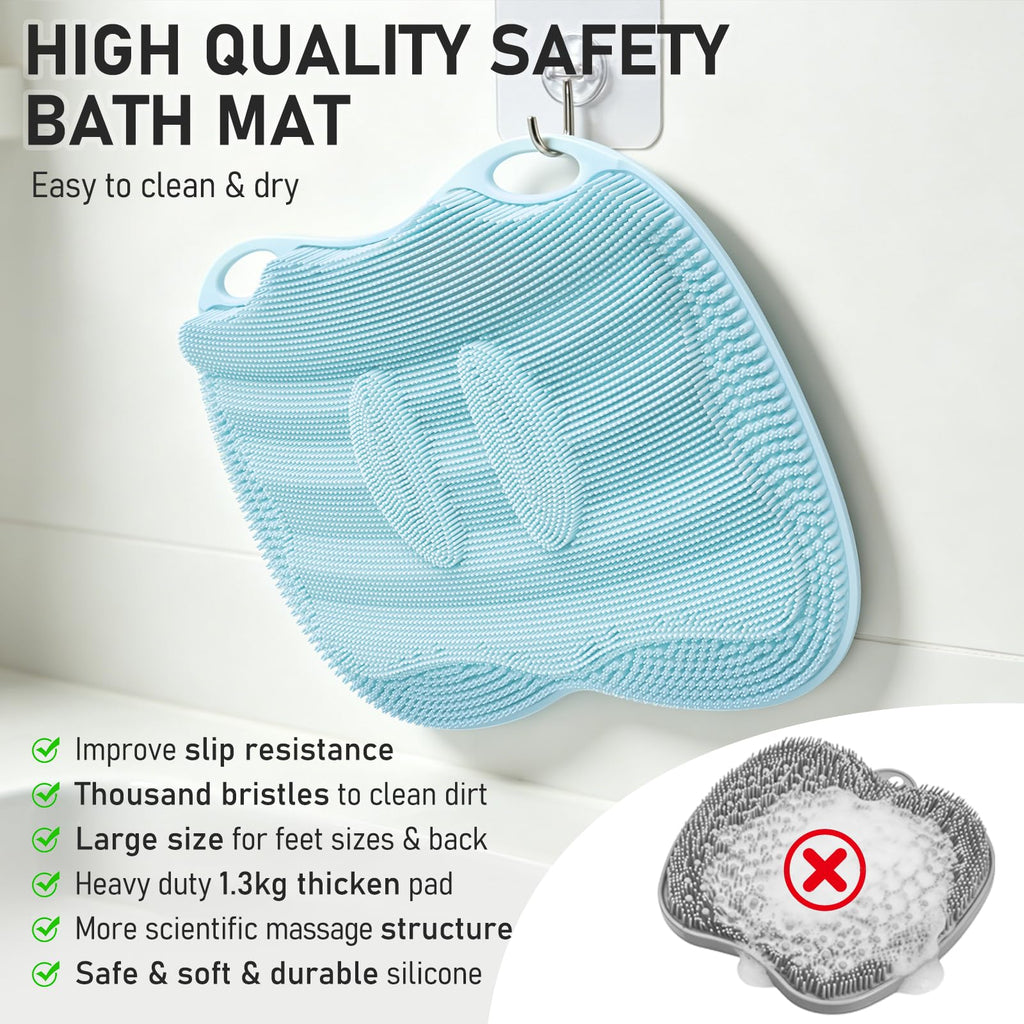 Mabnuby XL Shower Foot Scrubber Mat, Silicone Feet Massage Scrubber in Shower Clean Foot Toes Pad without Bending Non-slip Suction Cups -Blood Circulation Exfoliate Achy Relief 17.4*13.4" Light Blue