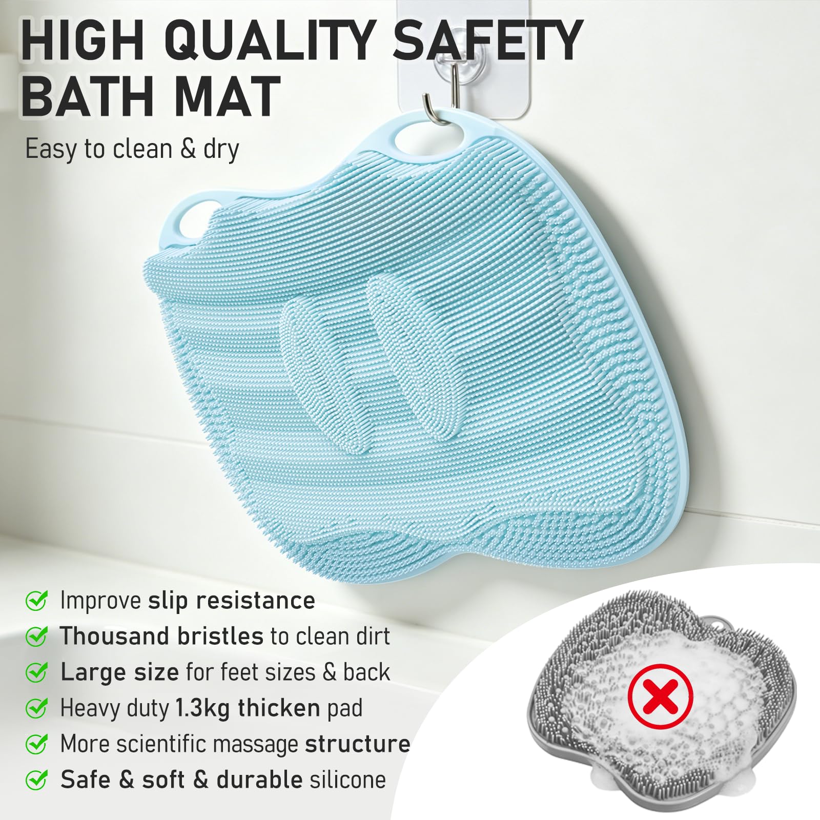 Mabnuby XL Shower Foot Scrubber Mat, Silicone Feet Massage Scrubber in Shower Clean Foot Toes Pad without Bending Non-slip Suction Cups -Blood Circulation Exfoliate Achy Relief 17.4*13.4" Light Blue