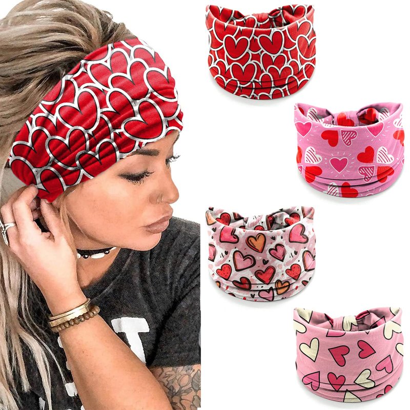 winthrop 4 Pcs Valentine's Day Headbands for Women - Red Pink Heart Cute Love Hair Band, Stretchy Breathable Non-Slip Wide Headwrap for Holiday,Yoga, Running, Party, Costume Dress Up