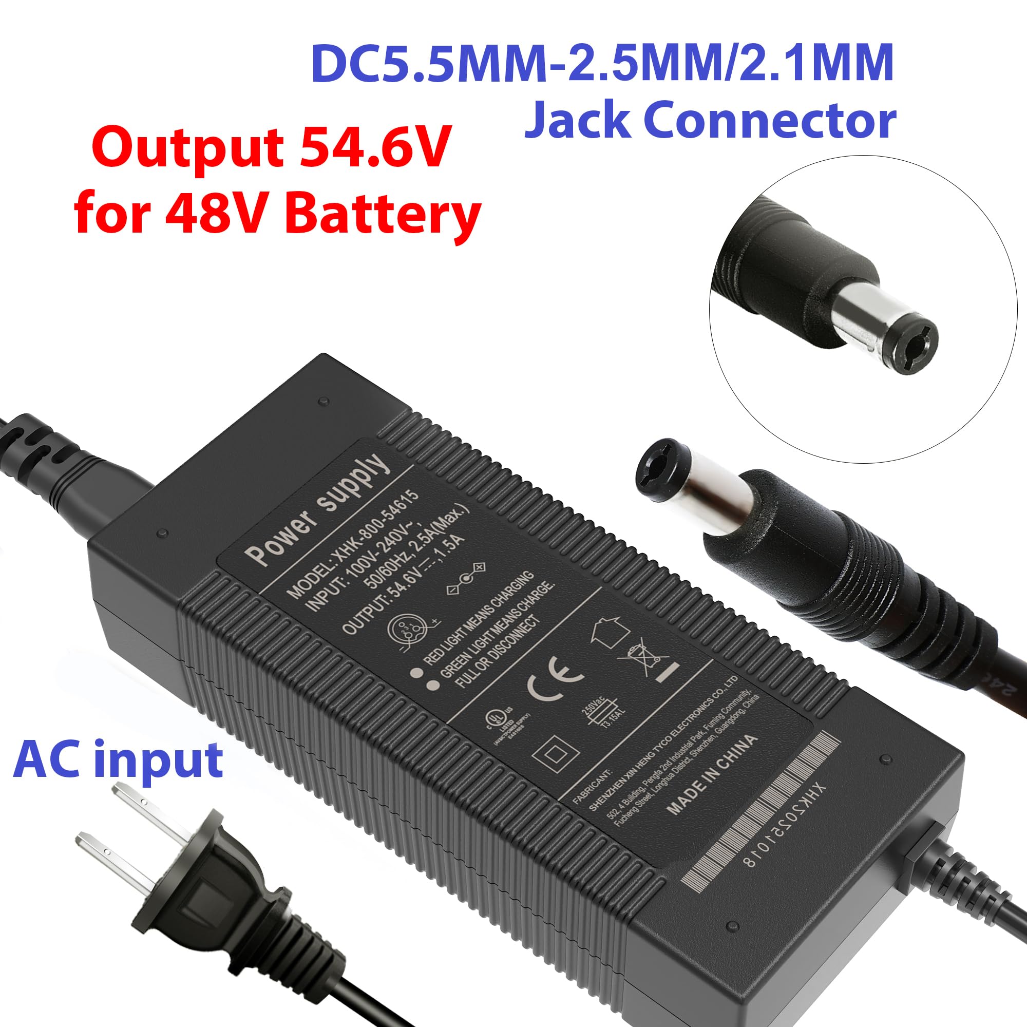EVAPLUS 54.6V Fast Charger for 48V Lithium Batteries, UL Certified, Smart Charger for Electric Bike & Scooter, Auto Shut-Off, 5.5mm x 2.5/2.1mm Connector
