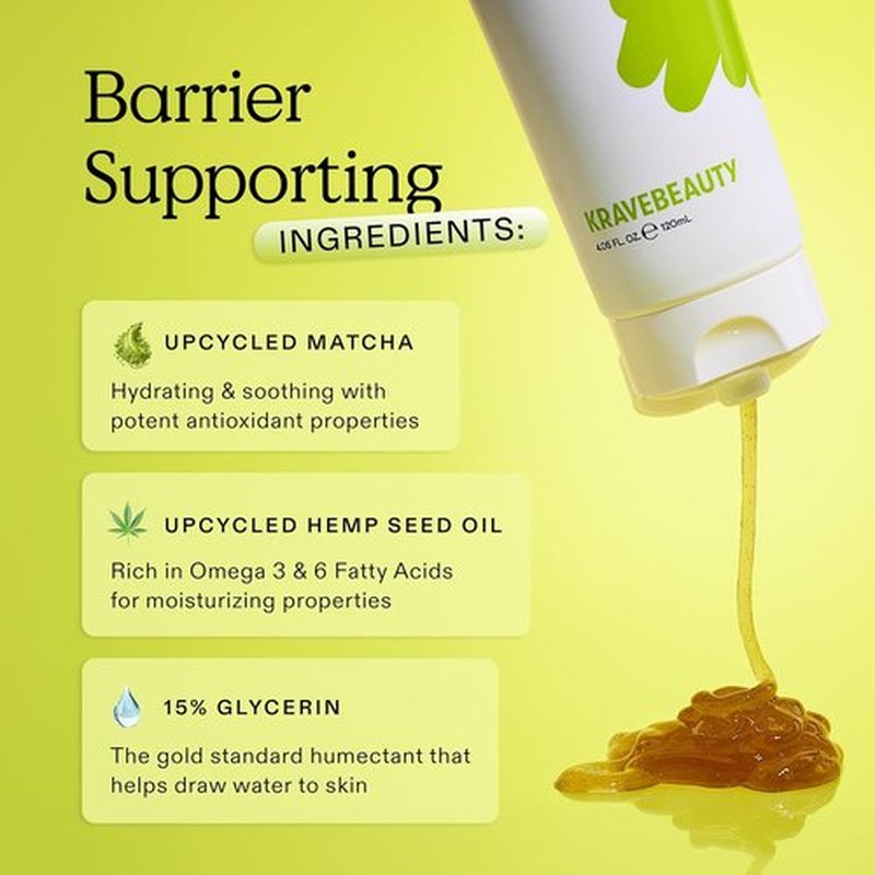 KraveBeauty Hydrating Cleanser - Gentle Matcha & Hemp Formula for Dry/Sensitive Skin | 120ml