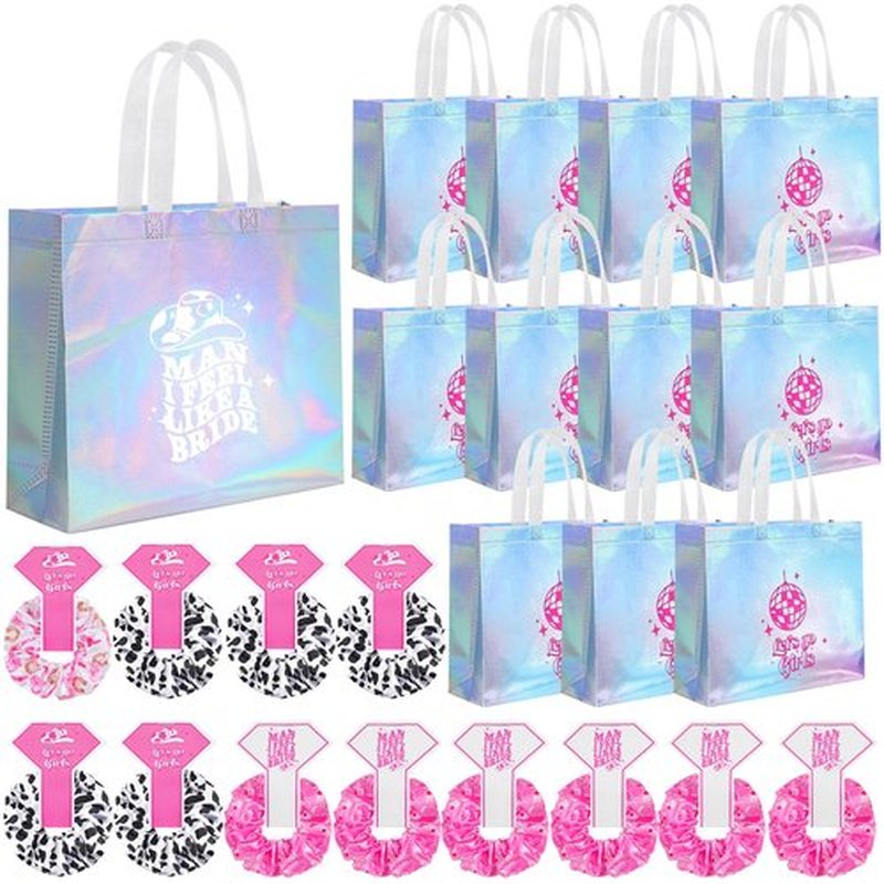 Norme 24 Pcs Let's Go Bachelorette Gift Set 12 Western Disco Bachelorette Bags 12 Hair Scrunchies Western Cow Print Ties Ropes for Bridal Disco Wedding Party Favors