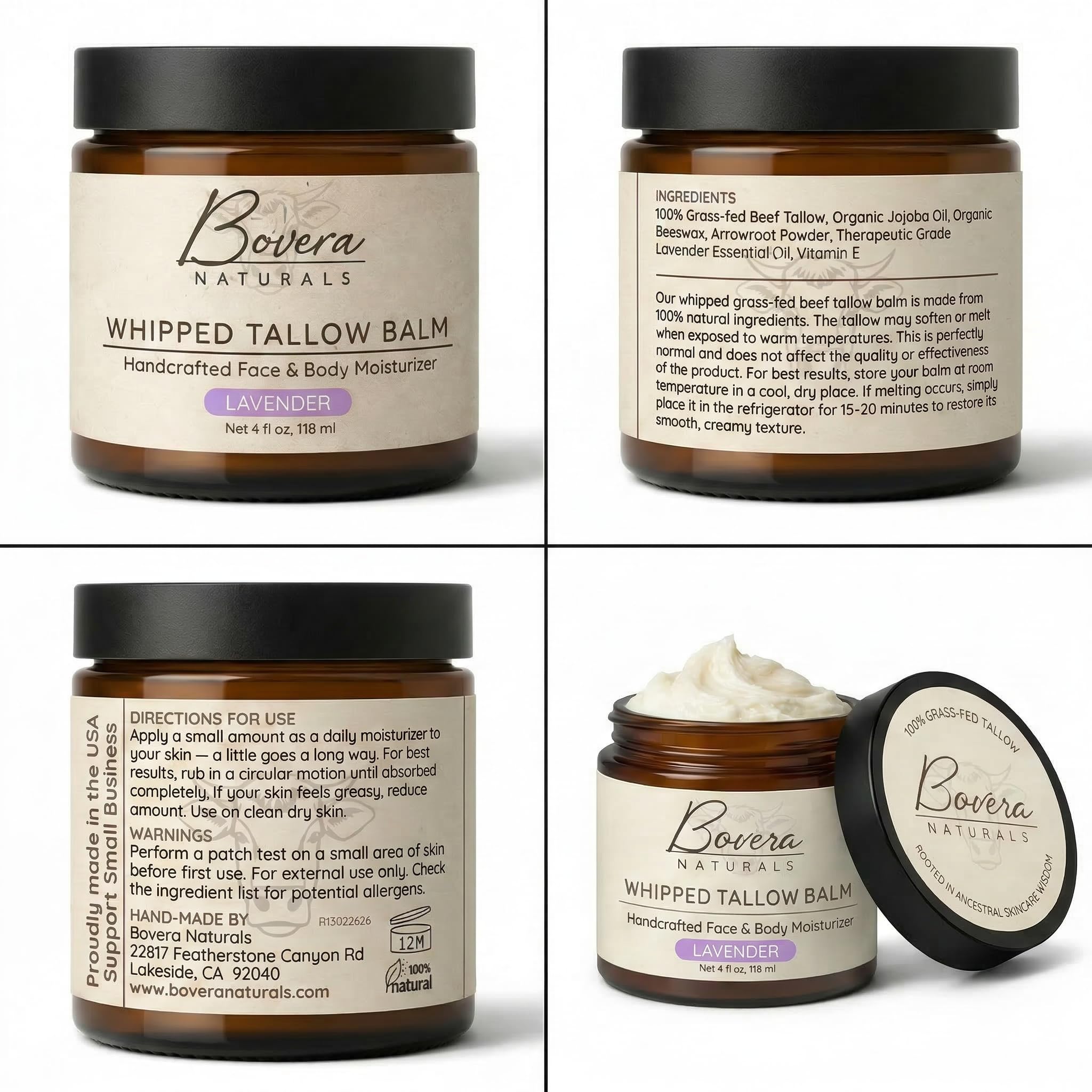 Bovera Naturals Tallow Moisturizer, Lavender Scented Face and Body Cream, 100% Organic Grass-Fed Beef Tallow, Non-Greasy for Dry Sensitive Skin, Eczema Cream and Body Butter, 4 fl oz