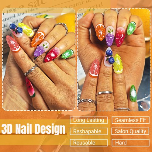 Handmade Press On Nails Almond, Fruit 3D Press On Nails Medium, Orange 3D Nails Strawberry Lemon Fruit With Bubble For Women Gift, Reusable Stick On Fake Nails Kit With Nail Glue(Fruit Fiesta-L)