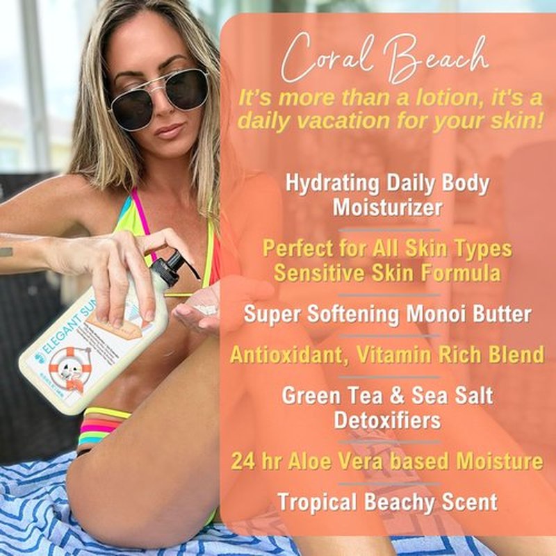 Elegant Sun Coral Beach Daily Moisturizer, Tan Extender Lotion, for After Sun or Tanning Bed, Aloe Vera base, Hypoallergenic, Sensitive Skin, Great for Men and Women, Unisex Fresh Scent