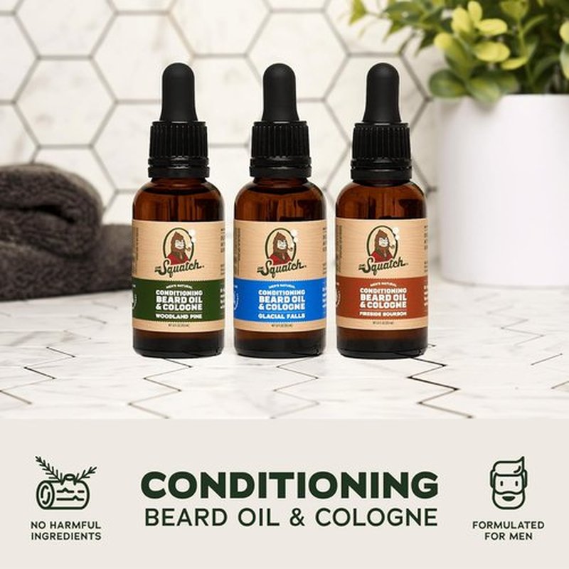 Dr. Squatch Conditioning Beard Oil - Nourishing 3-Pack Gift Set | Long-Lasting Scents: Fireside Bourbon, Glacial Falls, Woodland Pine