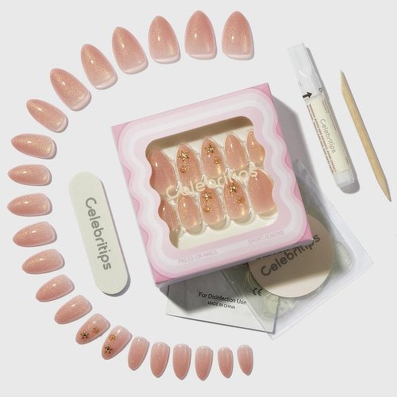 Celebritips Press-Ons | Golden Water Fairy, Short Almond Nails with Peachy Pink Cat-eye and Sea Stars, Reusable Summer Nails | 16 sizes - 32 Nails Kit with Super-hold Nail Glue and Sticky Tabs