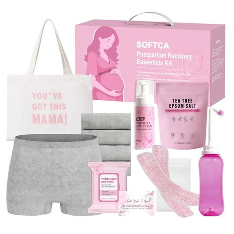 Postpartum Essentials Kit - Peri Bottle,Perineal Ice Packs,Perineal Healing Foam,Disposable Underwears,Cooling Pad Liners,Bath Salts,Canvas Bag,Card,Postpartum Gifts for Mom