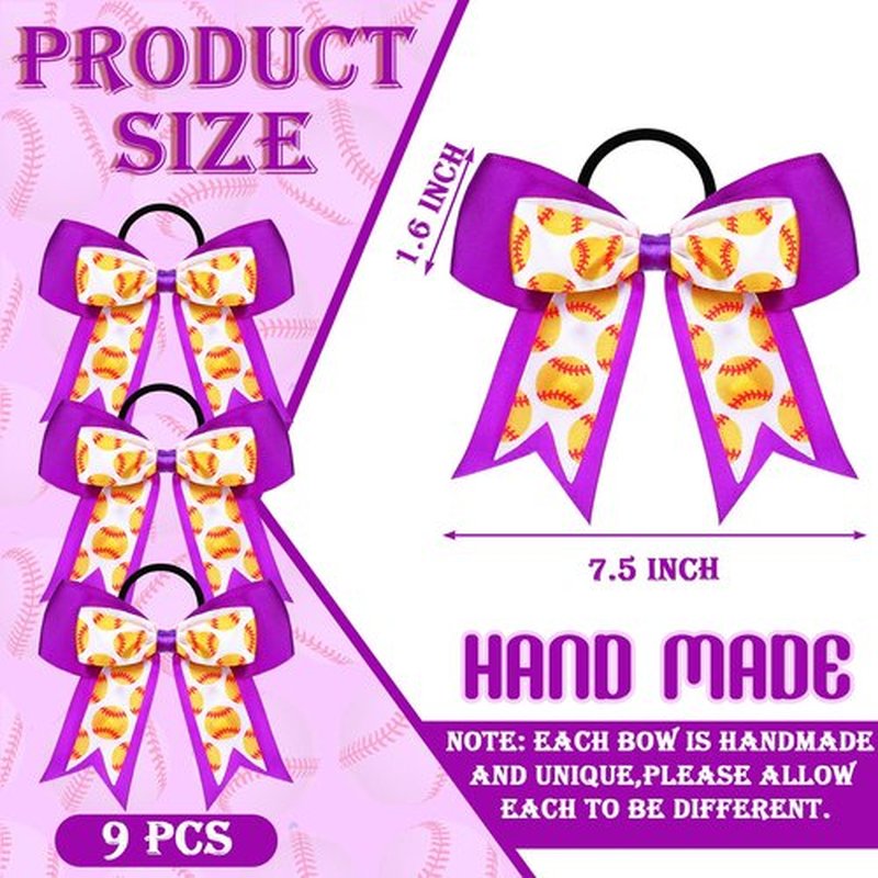 MTLEE 9 Pcs 5.1 Inch Purple Softball Ribbon Hair Bows Elastic Cheer Scrunchies Cheerleader Bows Volleyball Sports Ball Ponytail Holder Sport Hair Accessories for Girl Player