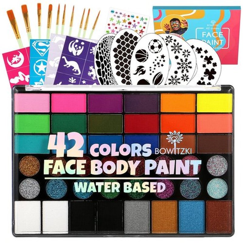 Bowitzki Face Paint Kit for Adults Stencils Glitter Brushes Face Painting Set for Sensitive Skin Water Based FDA Compliant Professional Body Painting (42 new)