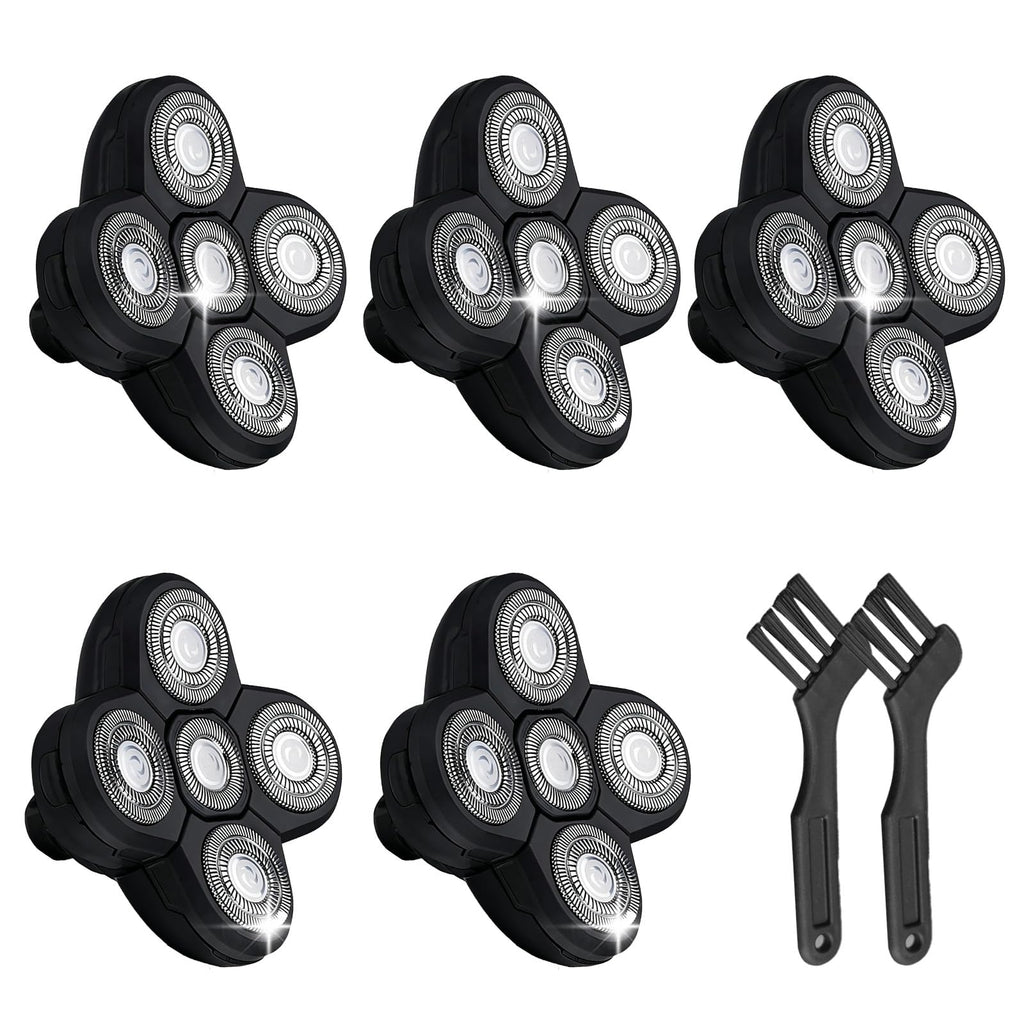 5 Replacement Heads for Universal Series Head Shaver, Waterproof Blade Electric Bald Men Freedom Grooming Waterproof Razor Refills Rotary Heads Design + 2 Cleaning Brushes for Father Husband Partner