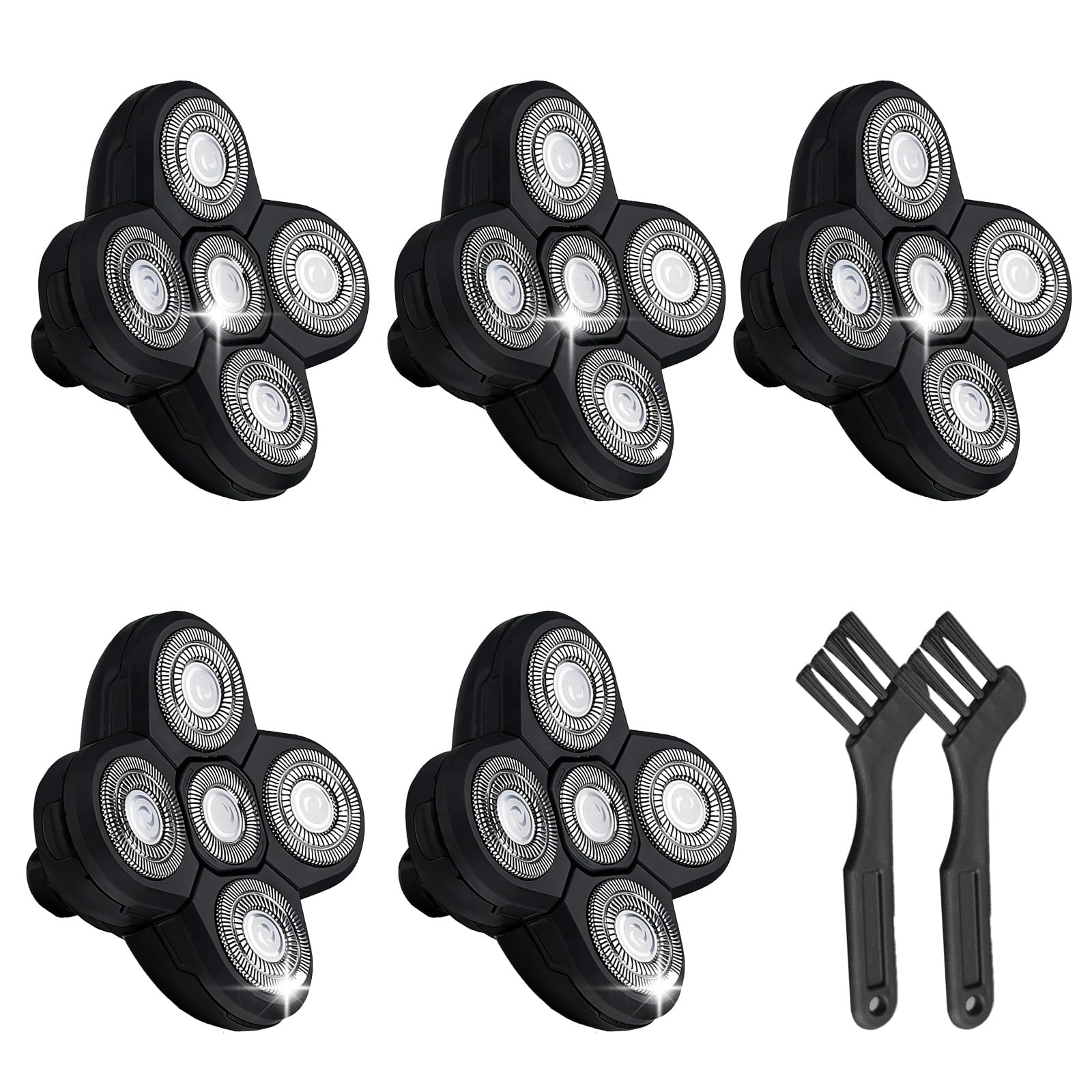 5 Replacement Heads for Universal Series Head Shaver, Waterproof Blade Electric Bald Men Freedom Grooming Waterproof Razor Refills Rotary Heads Design + 2 Cleaning Brushes for Father Husband Partner