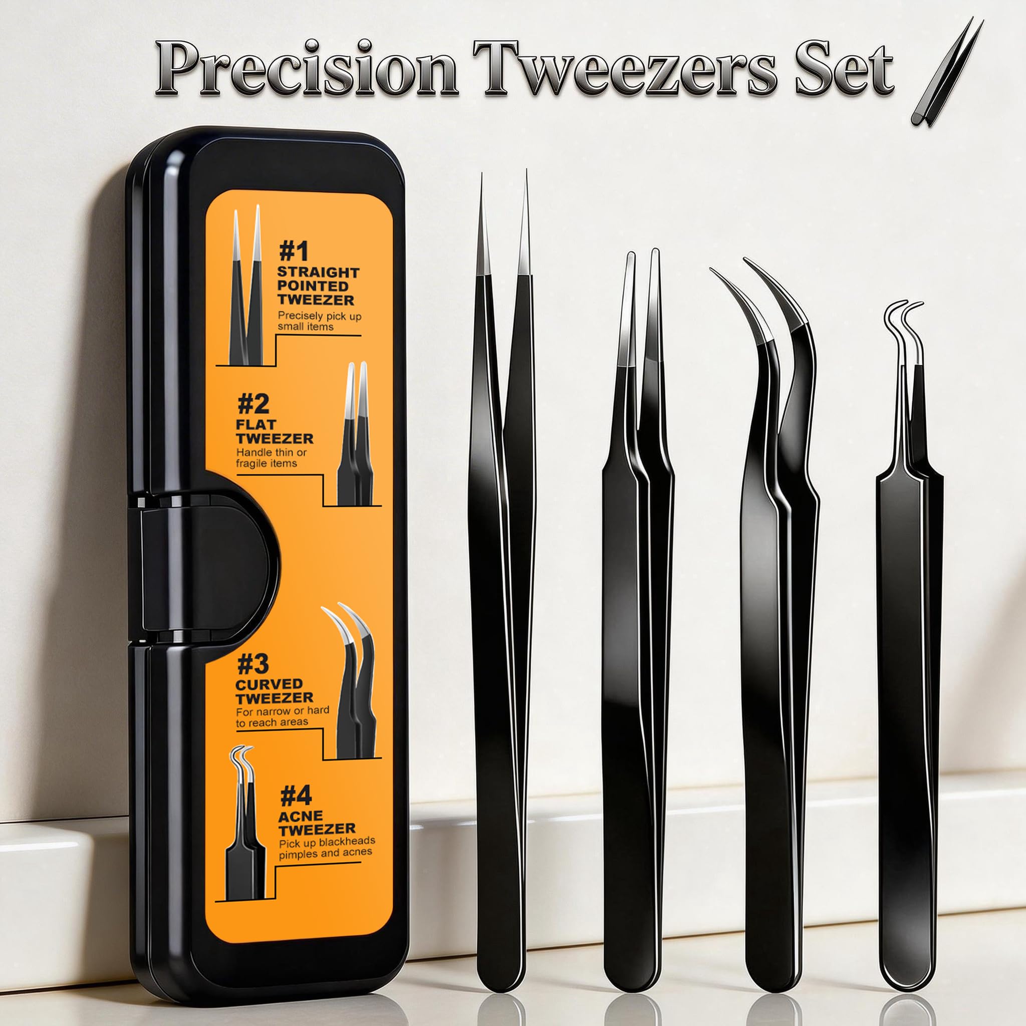 G.CATACC 4-Pack Precision Tweezers Set, Curved and Pointed Tweezer