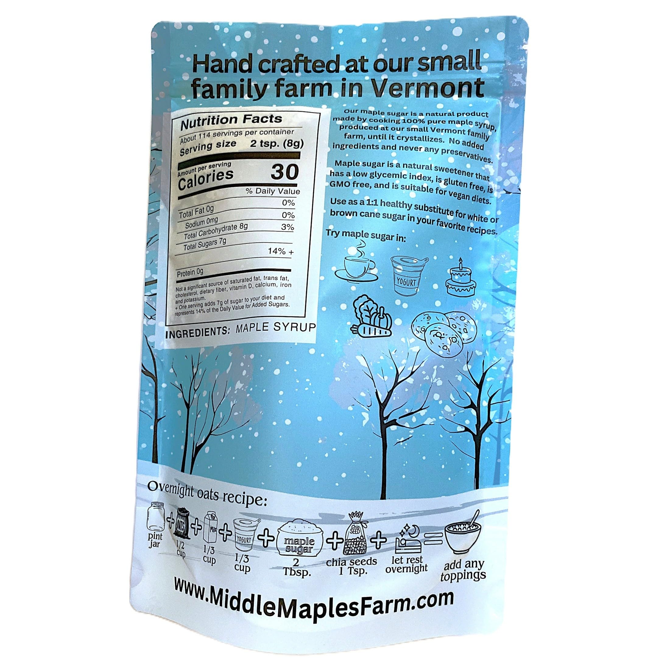 Vermont Pure Powdered Granulated Organic Maple Sugar, Good Cause, Made in the USA, from Middle Maples Farm - 2lb resealable pouch, Raw, Unrefined, Non-GMO, Gluten Free, Nut-Free, No Preservatives, Vegan, No Additives - Great for Desserts, Baking, Dusting,