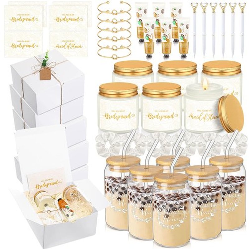 Teenyyou 60 Pcs Bridesmaid Proposal Gifts Bridesmaid Box Set, Maid of Honor Gifts Include Box Glass Cup Candle Cards Hair Ties Knotted Bracelets Hand Cream Diamond Pens(White)