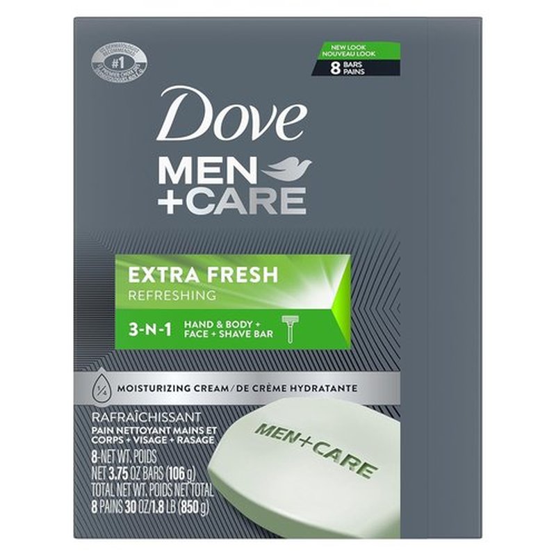 DOVE MEN + CARE 3-in-1 Bar Cleanser - Extra Fresh Body, Face & Shaving Cleanser | 3.75 oz (Pack of 8)