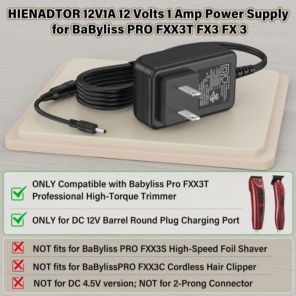 12V Trimmer Charger Replacement Fit for BaByliss PRO FX3 FXX3T Cordless Hair Trimmer Power Cord AC Adapter for BaBy liss PRO FX 3 FXX3C FX3C FX 3C for BabylissPro DSA-12PF09-12FUS 120100 (R) (T) DC12V