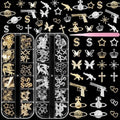 120 Pcs Silver Gold Nail Charms, Gun Cross Star Heart Planet Nails Charms and Gems, Metal Dollar Star Butterfly Y2K Nail Charm for Nails Art Design DIY Accessories