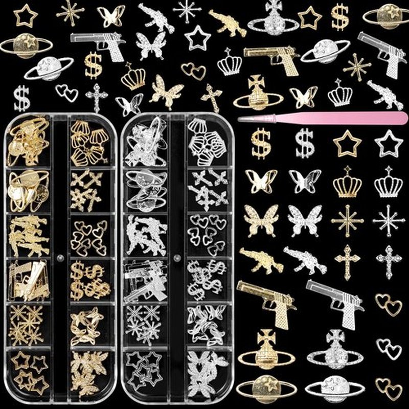 120 Pcs Silver Gold Nail Charms, Gun Cross Star Heart Planet Nails Charms and Gems, Metal Dollar Star Butterfly Y2K Nail Charm for Nails Art Design DIY Accessories