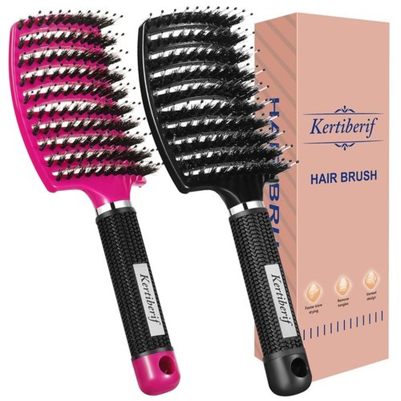 Kertiberif Boar Bristle Hair Brush 2PCS, Curved Vented Detangling Brush for Wet and Dry Hair, Styling Paddle Hairbrush for Women Men Kids Curly Straight Thick Long or Short Hair