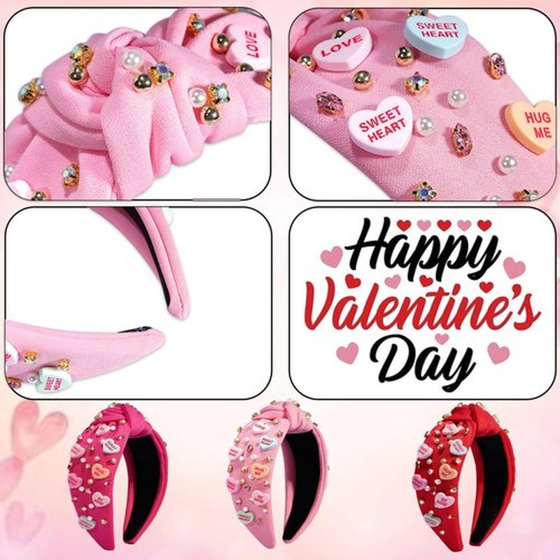 AENMTU Valentine’s Day Headband for Women Girls Top Knot Jeweled Rhinestone Velvet Plush Hair Accessories Pink Red Heart Clothes Outfit
