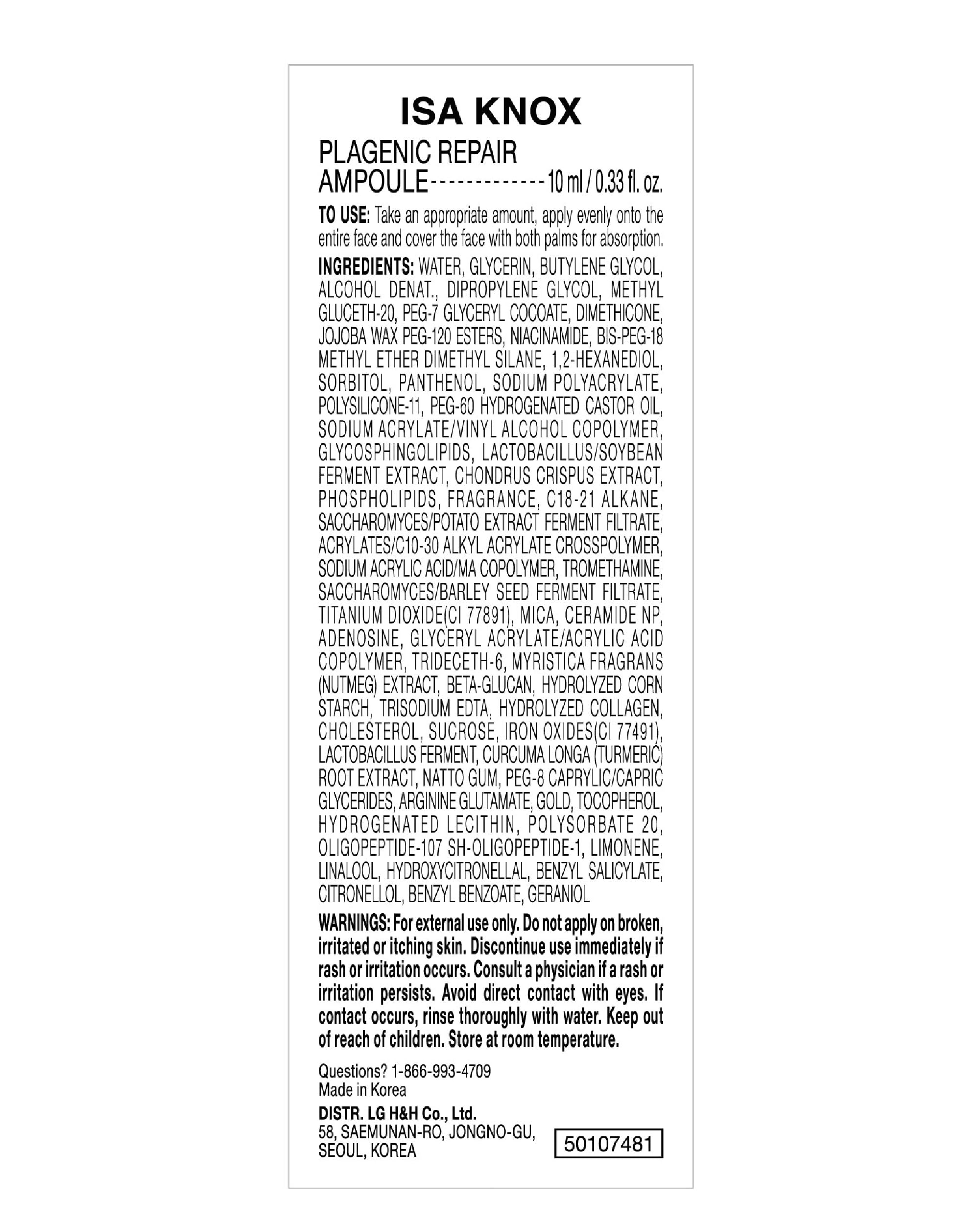 ISA KNOX Plagenic Repair Ampoule (Pack of 1, 0.34fl oz) - Highly Nourishing, Moisturizing Serum for Elasticity, Fine Lines, Wrinkles, Smooth Glowing Skin. Korean Skin Care. EGF