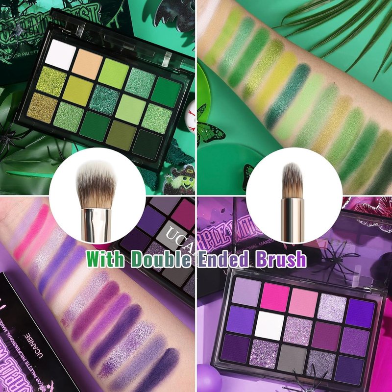 UCANBE Eyeshadow Palette Set - 2pcs Green & Purple Shimmer Matte Eye Shadows with Soft Brush for Halloween Cosplay