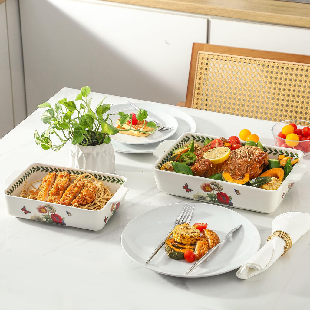 Howise Ceramic Papaver rhoeas Baking Casserole Dish with Handles, Large 2 pieces 8x13 inch & 6x10 inch Lasagna Baking Dish and Middle Flower Andplant Baking Pan,Porcelain Serving Bakeware Set