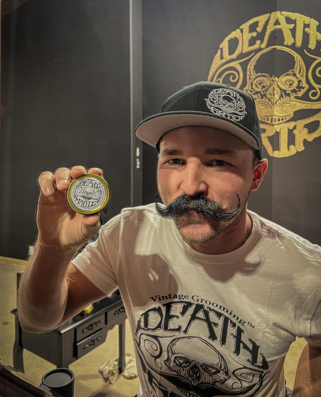 Black Mustache Wax | Black Magic Death Grip Moustache Wax | Hide Grey Hair In Beard Or Moustache | Extra Strong Hold Mustache Wax Unscented | 1 oz Tin Heat Source Required (Black Magic Bare Bones)