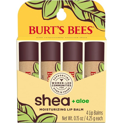 Burt's Bees Lip Balm - Shea & Aloe Moisturizer with Natural Beeswax | Tint-Free, 4 Tubes, 0.15 oz